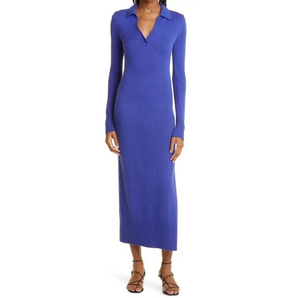 STAUD Wool Blend Maxwell Long Sleeve Polo Maxi Dress Royal Blue Size S Side Slit